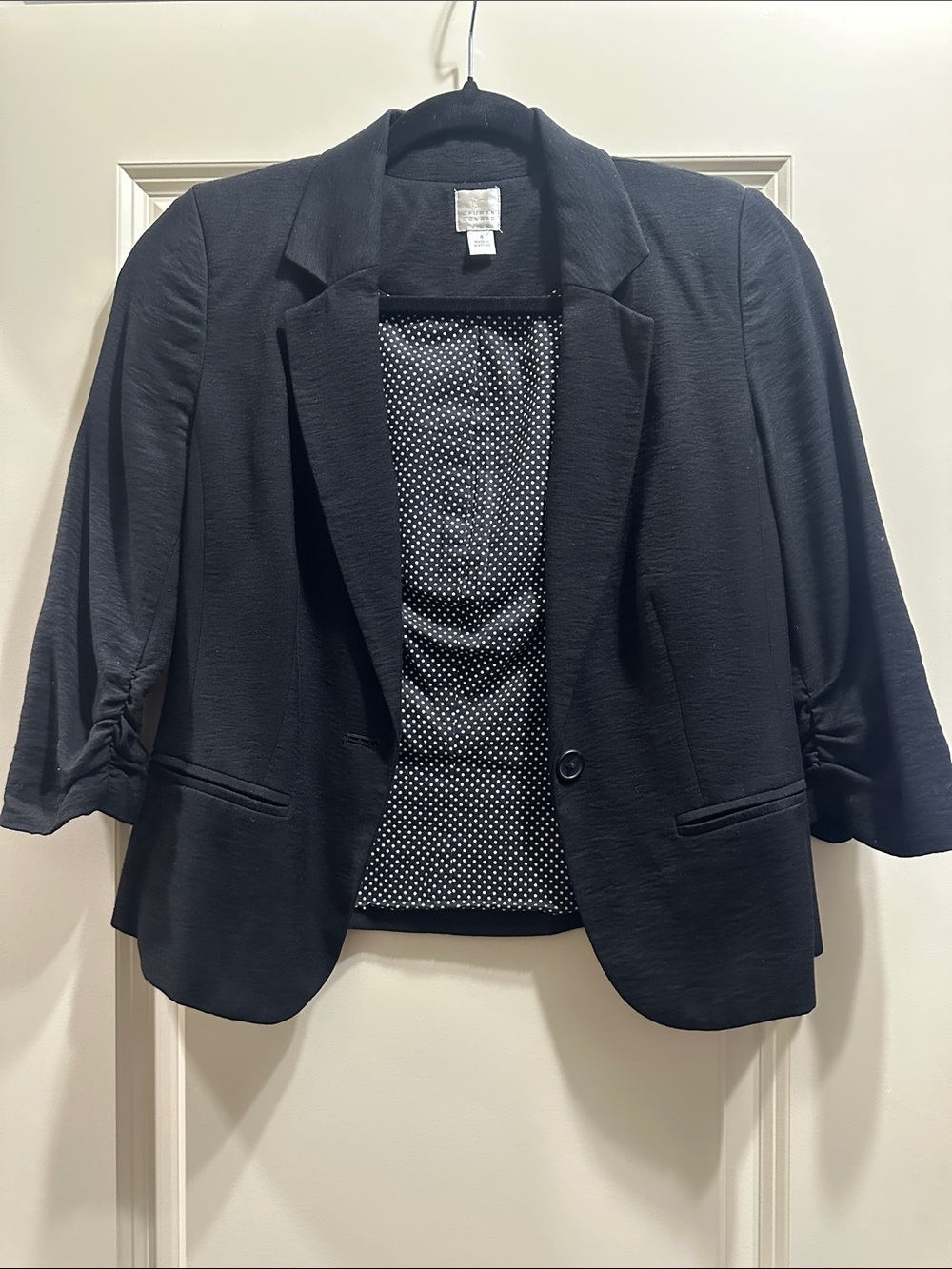 LC Lauren Conrad Black Polka-Dot Lined Ruched Sleeve Blazer